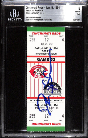 Deion Sanders Signed Cincinnati Reds 6/11/94 Slab Ticket 8 Grade Beckett 38809
