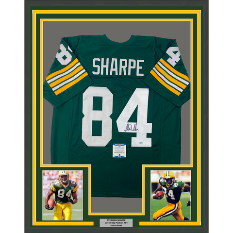Framed Autographed/Signed Sterling Sharpe 33x42 Green Bay Green Jersey BAS COA