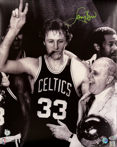 Larry Bird Signed 16x20 Boston Celtics Photo w/ Red Auerbach Bird+PSA/DNA