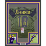 Framed Autographed/Signed Justin Jefferson 33x42 Green Football Jersey JSA COA