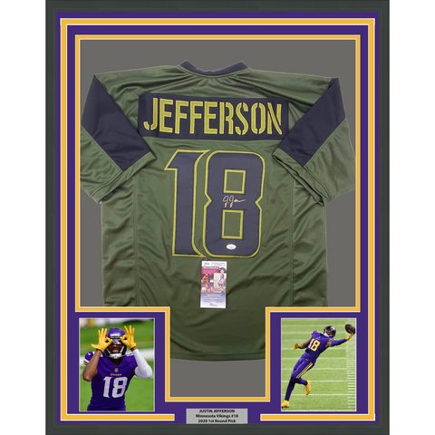 Framed Autographed/Signed Justin Jefferson 33x42 Green Football Jersey JSA COA