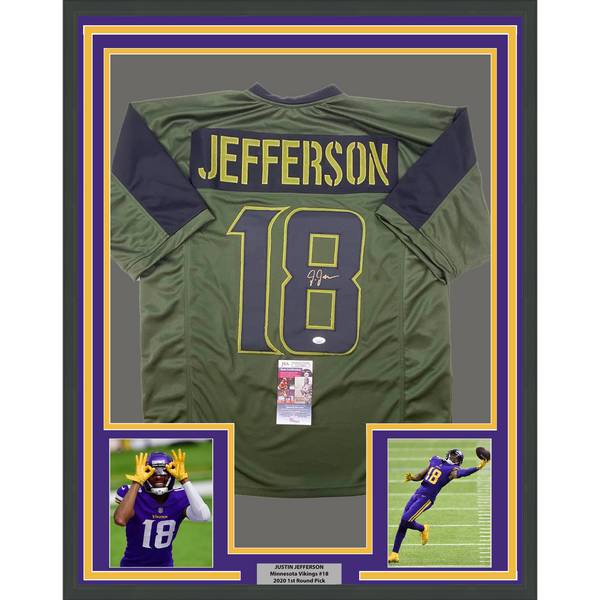 Framed Autographed/Signed Justin Jefferson 33x42 Green Football Jersey JSA COA
