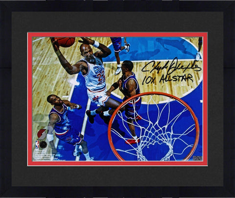 FRMD Clyde Drexler Trailblazers Signed 11x14 1994 NBA All-Star Dunk Photo w/Insc