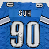 Autographed/Signed Ndamukong Suh Detroit Blue Football Jersey Beckett BAS COA