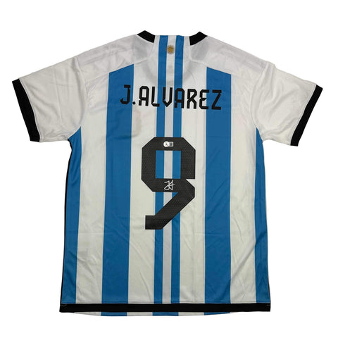 Autographed/Signed Julian Alvarez Argentina Blue/White Soccer Jersey Beckett COA