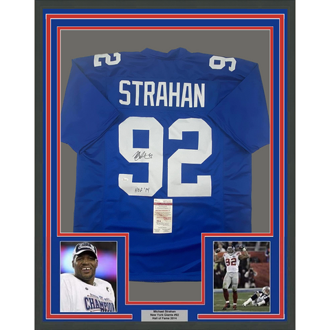 Framed Autographed/Signed Michael Strahan 33x42 HOF 14 NY Blue Jersey JSA COA