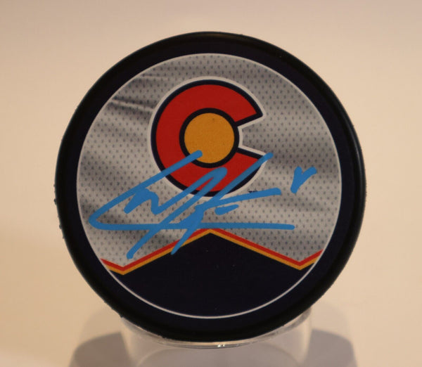 Cale Makar Autographed Puck - Colorado Flag Jersey/Burgandy Av's Jersey Graphics