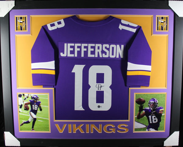 JUSTIN JEFFERSON (Vikings purple SKYLINE) Signed Autograph Framed Jersey Beckett