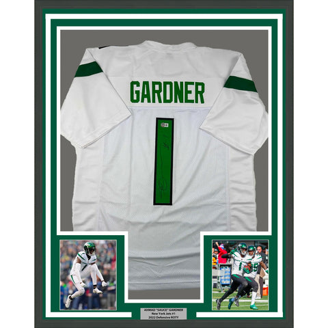 Framed Autographed/Signed Ahmad Sauce Gardner 33x42 NY White Jersey BAS COA