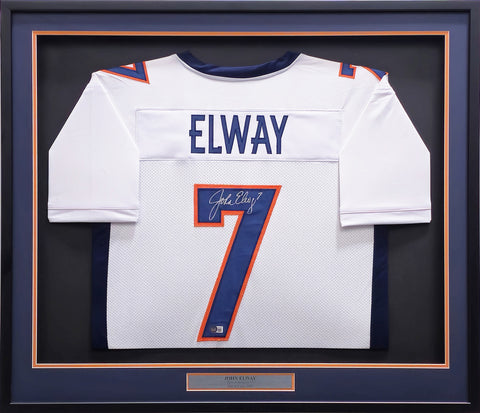 BRONCOS JOHN ELWAY AUTOGRAPHED FRAMED WHITE & BLUE JERSEY BECKETT WITNESS 233684