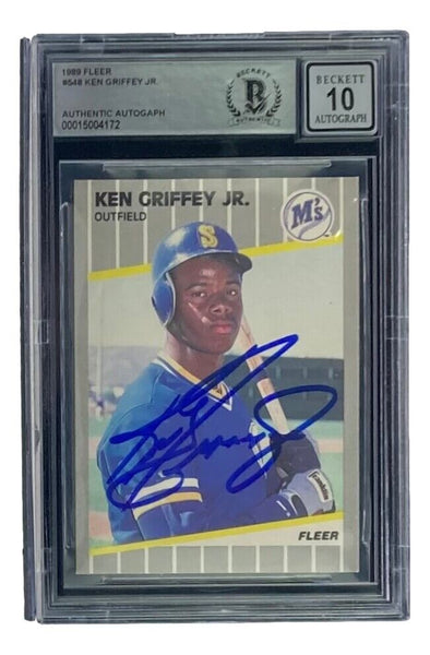 ken griffey jr rookie card graded Ken Griffey Jr Signed Mariners 1989 Fleer #548 Rookie Card BAS Graded 10