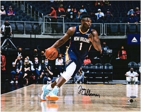 Zion Williamson New Orleans Pelicans Signed 16x20 Dribbling In Navy Jersey Photo