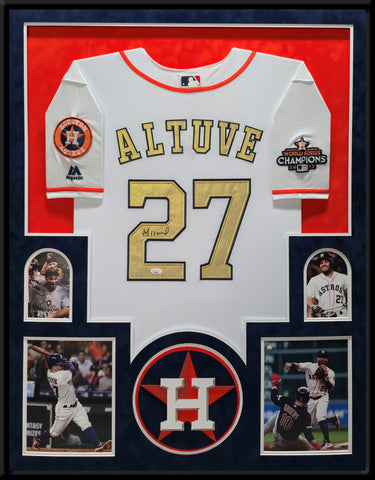 SUEDE FRAMED HOUSTON ASTROS JOSE ALTUVE AUTOGRAPHED SIGNED JERSEY JSA COA