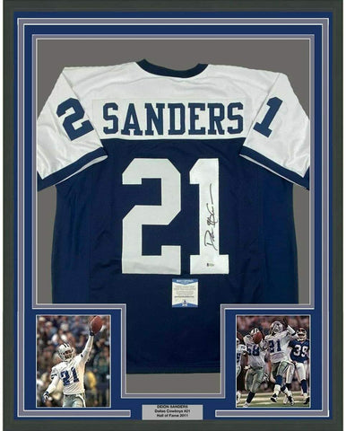 Framed Autographed/Signed Deion Sanders 33x42 Dallas TG Jersey Beckett BAS COA