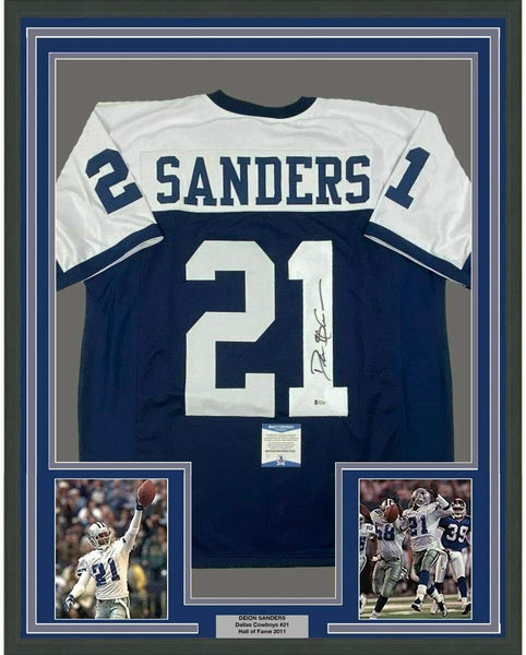 Framed Autographed/Signed Deion Sanders 33x42 Dallas TG Jersey Beckett BAS COA