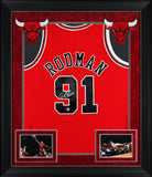 Bulls Dennis Rodman Signed Red M&N HWC Swingman Framed Jersey BAS Witnessed