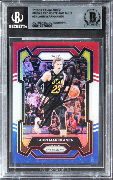 Jazz Lauri Markkanen Authentic Signed 2023 Panini Prizm RWB #93 Card BAS Slabbed