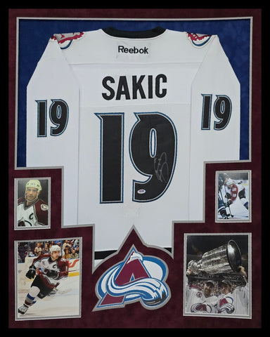 SUEDE FRAMED COLORADO AVALANCHE JOE SAKIC AUTOGRAPHED SIGNED JERSEY PSA COA