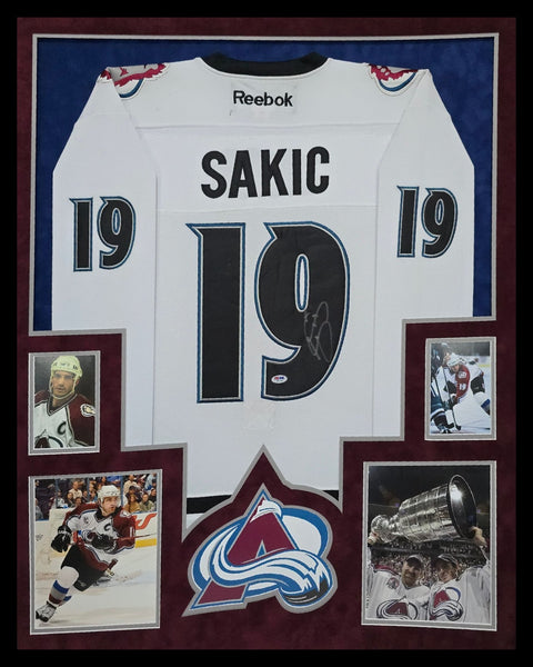 SUEDE FRAMED COLORADO AVALANCHE JOE SAKIC AUTOGRAPHED SIGNED JERSEY PSA COA