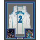 Framed Autographed/Signed Larry Johnson 33x42 Charlotte White Jersey Steiner COA