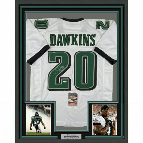 Framed Autographed/Signed Brian Dawkins 33x42 Philadelphia White Jersey JSA COA