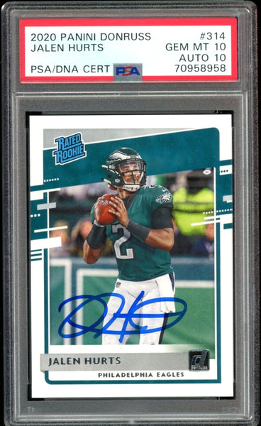 2020 Donruss Rated Rookie #314 Jalen Hurts On Card PSA 10/10 Auto GEM MINT