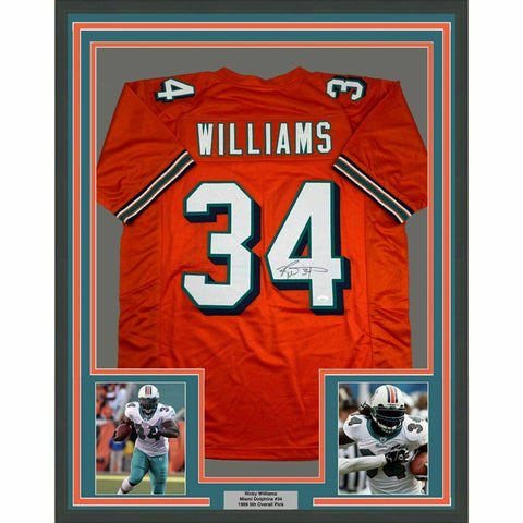 FRAMED Autographed/Signed RICKY WILLIAMS 33x42 Miami Orange Jersey JSA COA Auto