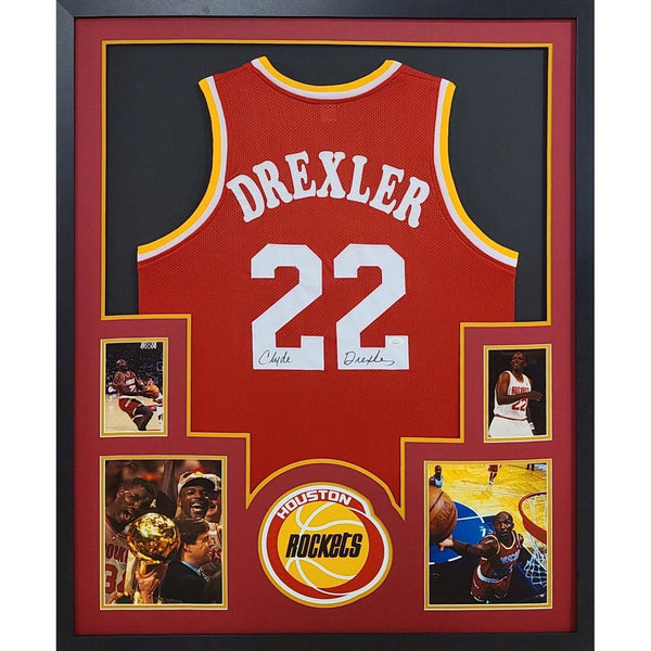 Clyde Drexler Autographed Signed Framed Houston Rockets 4P Jersey JSA