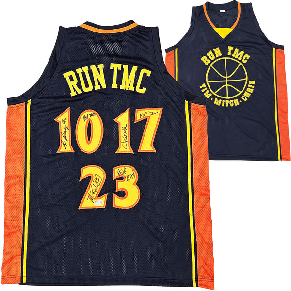 WARRIORS RUN TMC AUTOGRAPHED DARK BLUE JERSEY 3 SIGS MULLIN HARDAWAY HOF BECKETT
