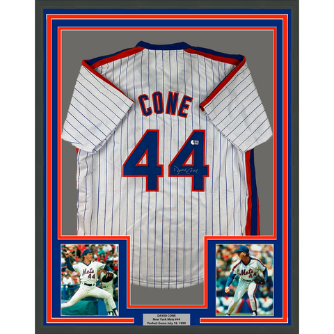 Framed Autographed/Signed David Cone 33x42 Pinstripe Jersey Beckett BAS COA