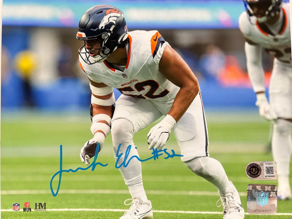 Jonah Elliss Autographed Broncos 8x10 Photo (Road White - In Stance) BAS COA