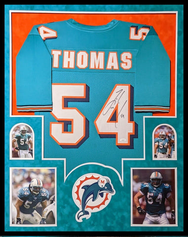 FRAMED IN SUEDE MIAMI DOLPHINS ZACH THOMAS AUTOGRAPHED SIGNED JERSEY JSA COA