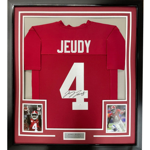 FRAMED Autographed/Signed JERRY JEUDY 35x39 Alabama Red Jersey JSA COA