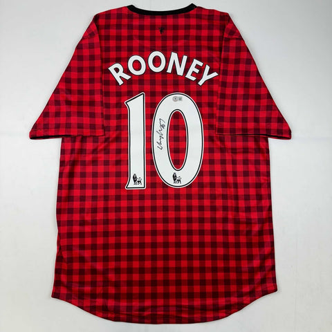 Autographed/Signed Wayne Rooney Manchester United Red Checkered Jersey BAS COA