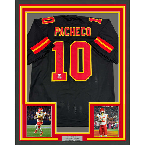 Framed Autographed/Signed Isiah Pacheco 35x39 Kansas City Black Jersey JSA COA