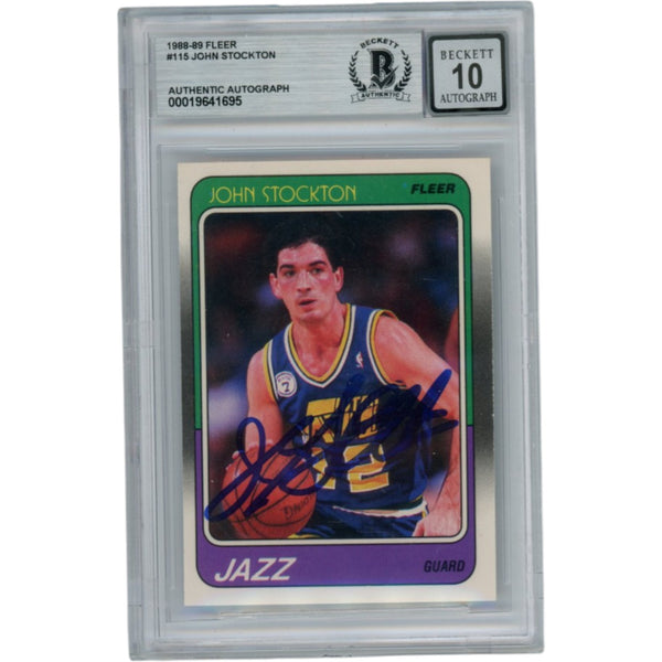 John Stockton Autographed 1988 Fleer #115 10 Slabbed Trading Card Beckett 53107