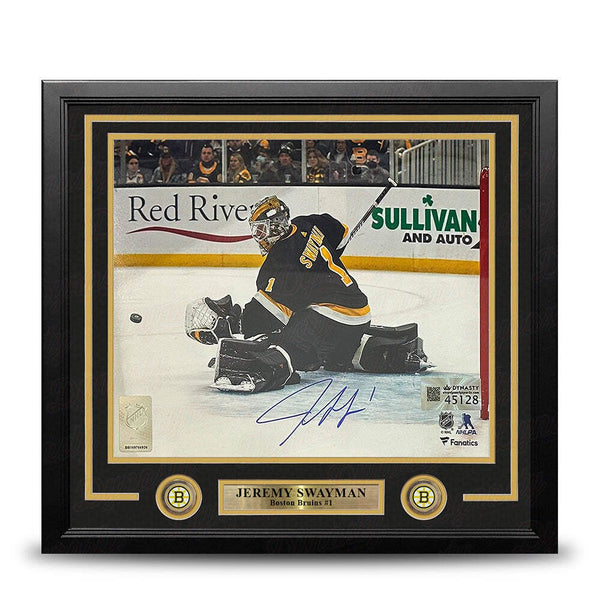 Jeremy Swayman Glove Save Boston Bruins Autographed 11x14 Framed Photo JSA PSA