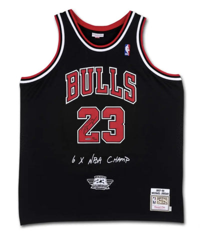 Michael Jordan Autographed '6x NBA Champ' Embroidered Black Jersey UDA LE 123