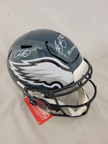 JALEN HURTS & SAQUON BARKLEY "SB CHAMPS" SIGNED EAGLES SPEEDFLEX HELMET FAN BAS