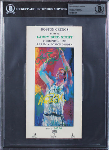 Larry Bird & Magic Johnson Signed 2/4/1993 Larry Bird Night Ticket Stub BAS Slab