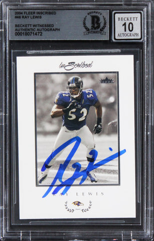 Ravens Ray Lewis Signed 2004 Fleer Inscribed #46 Card Auto Grade 10! BAS Slabbed