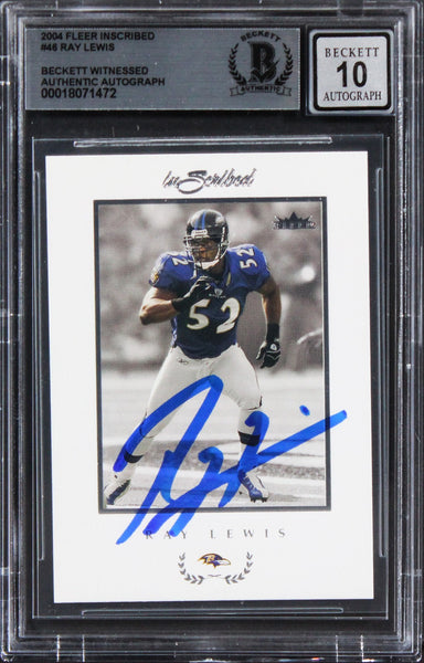 Ravens Ray Lewis Signed 2004 Fleer Inscribed #46 Card Auto Grade 10! BAS Slabbed