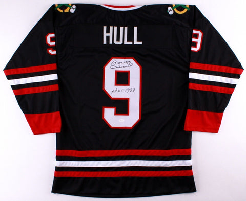 Bobby Hull Signed Black Chicago Blackhawks Jersey Inscribed "HOF 1983" (JSA COA)