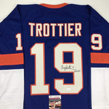 Autographed/Signed Bryan Trottier HOF 97 New York Blue Jersey JSA COA