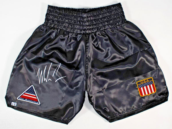 Mike Tyson Signed Go America /USA Boxing Trunks (JSA) Iron Mike 50-7 Ring Record