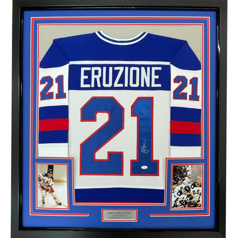 Framed Autographed/Signed Mike Eruzione 35x39 White 1980 Miracle Jersey JSA COA