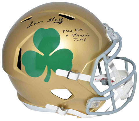 LOU HOLTZ SIGNED NOTRE DAME SHAMROCK FULL SIZE HELMET W/ PLAY LIKE A CHAMPION