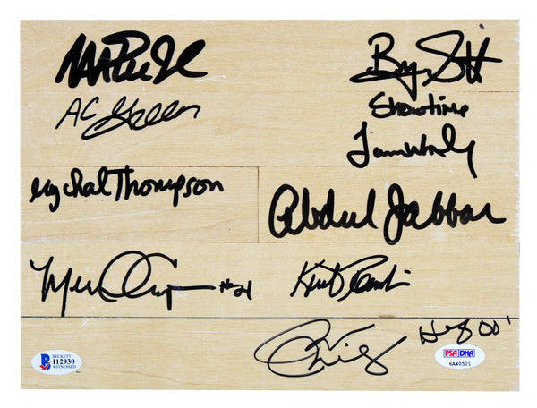 Showtime Lakers (9) Magic, Kareem +7 Signed 8x10 Forum Floorboard PSA & BAS 1