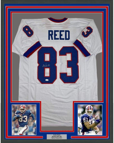FRAMED Autographed/Signed ANDRE REED 35x39 Buffalo White Jersey JSA COA
