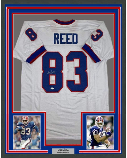 FRAMED Autographed/Signed ANDRE REED 35x39 Buffalo White Jersey JSA COA
